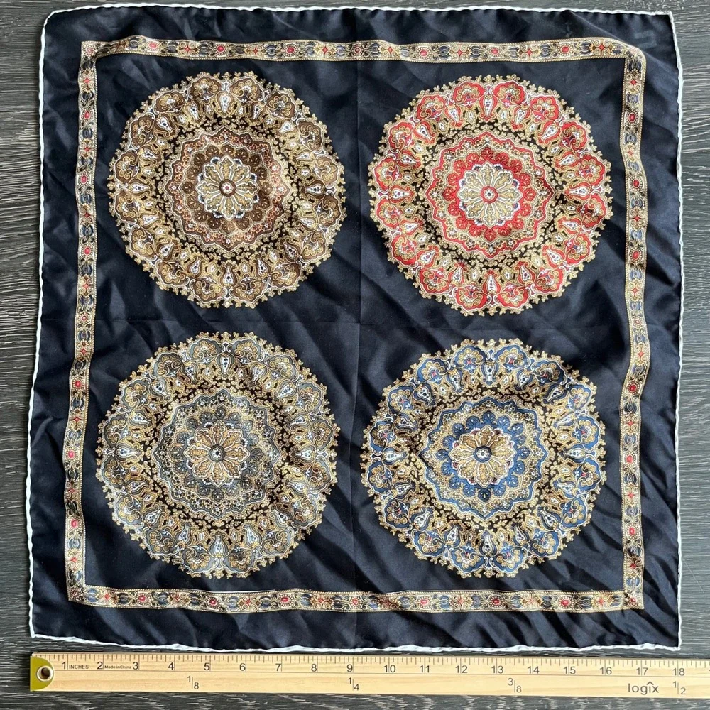 VTG Ashear Silk Scarf Made in Italy Hand Rolled Black Mandala Medallion Square